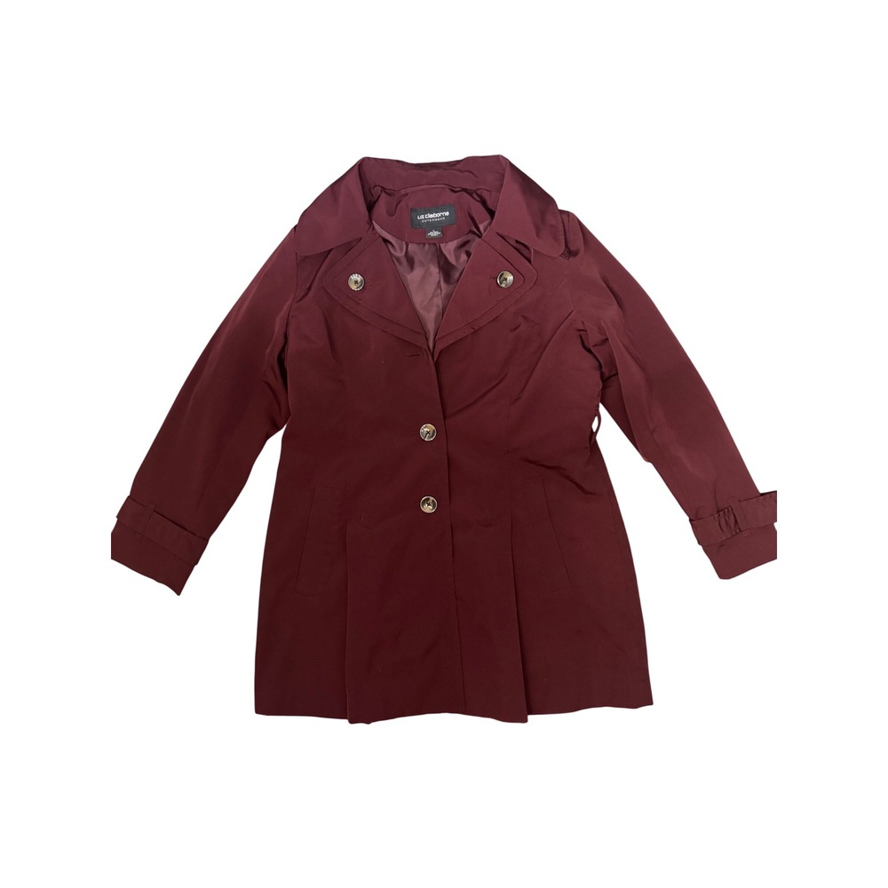 Liz Claiborne Outerwear Burgundy Trench Coat Mid Length Button Up Jacket Women L